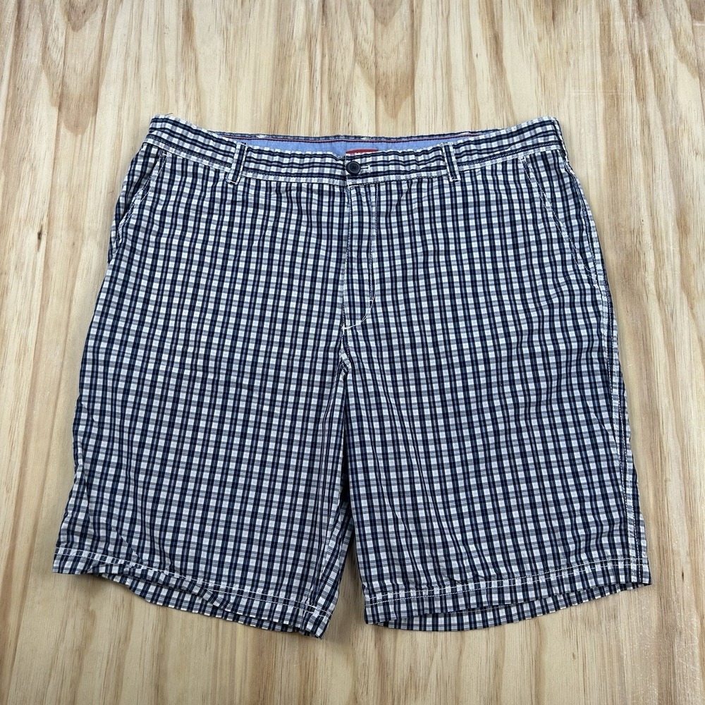IZOD Luxury Sport Men's Madras Cotton Flat Front 10" Blue‎ Plaid Shorts 42
